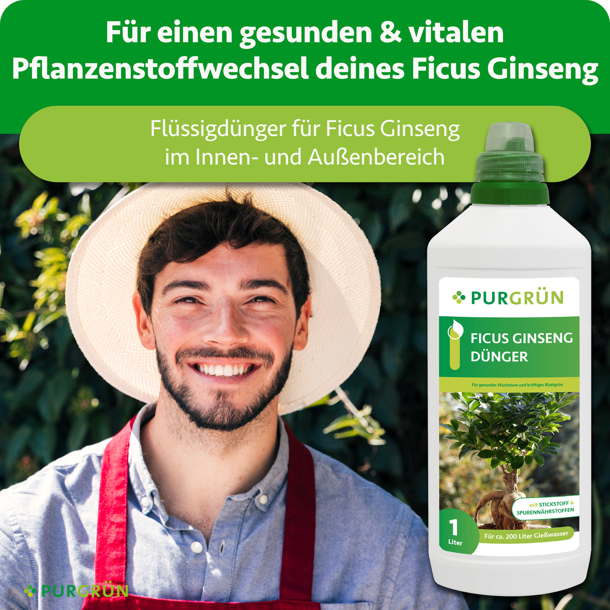 Flüssigdünger für Ficus Ginseng im Innen- und Außenbereich, dargestellt neben einem lächelnden Gärtner.