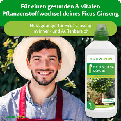 Flüssigdünger für Ficus Ginseng im Innen- und Außenbereich, dargestellt neben einem lächelnden Gärtner.
