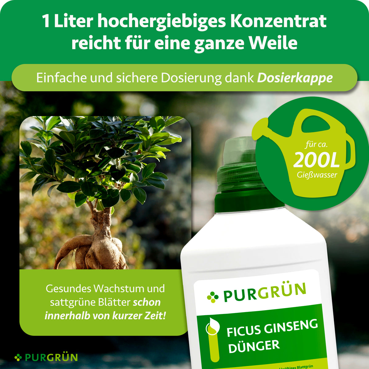 1 Liter Konzentrat mit Dosierkappe reicht für ca. 200 Liter Gießwasser.