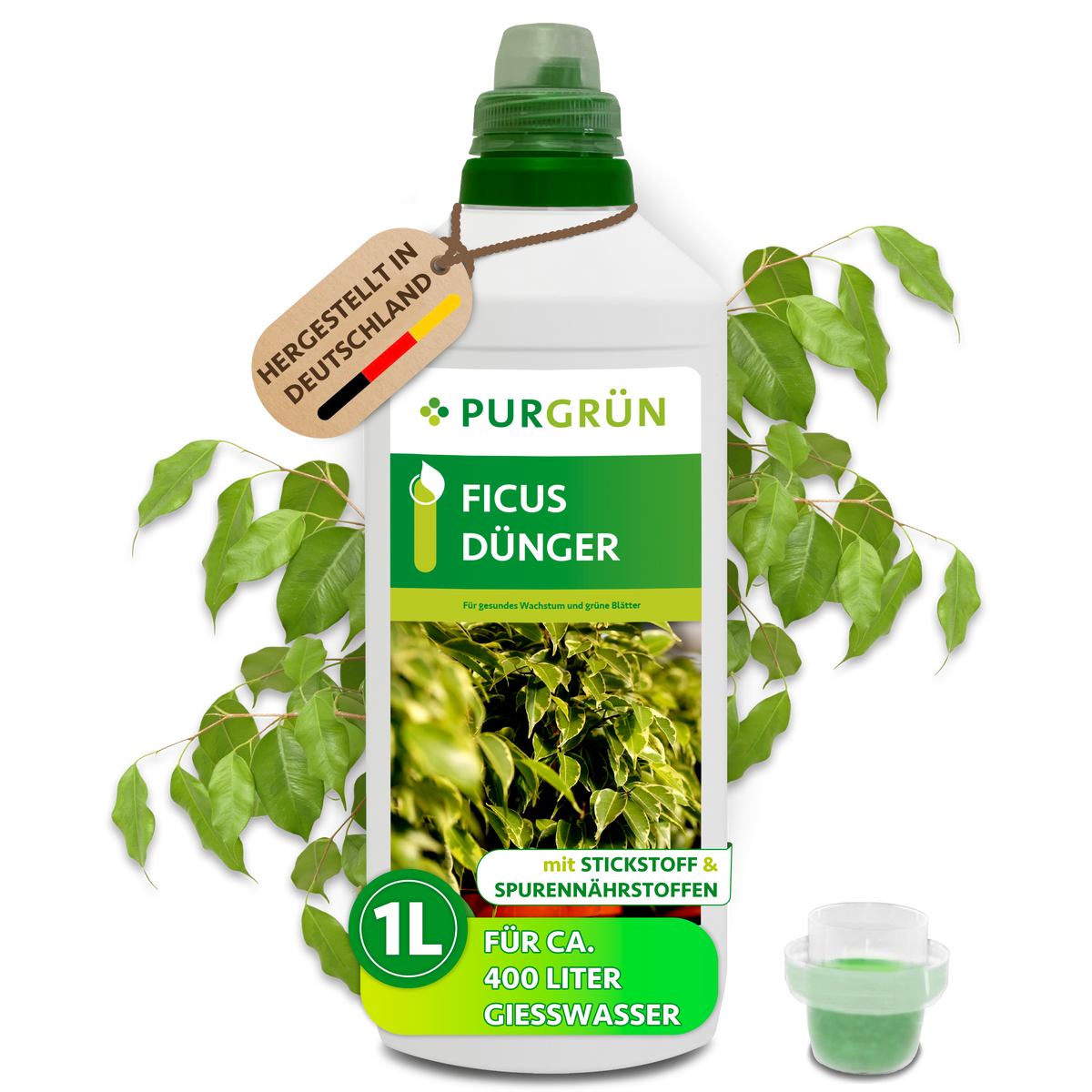 Purgrün Ficus-Dünger in der 1-Liter-Flasche mit Dosierkappe; ausreichend für ca. 400 Liter Gießwasser.