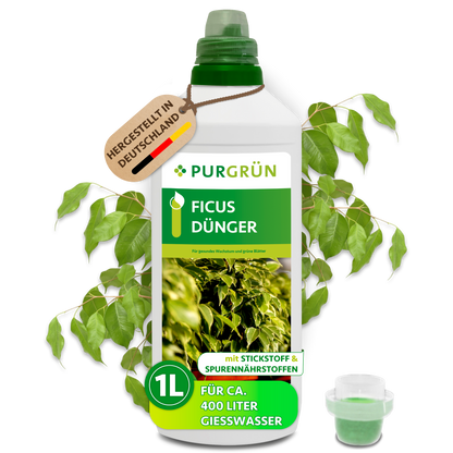 Purgrün Ficus-Dünger in der 1-Liter-Flasche mit Dosierkappe; ausreichend für ca. 400 Liter Gießwasser.