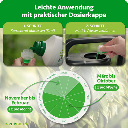 5 ml Konzentrat abmessen und mit 2 L Wasser verdünnen. März bis Oktober einmal pro Woche, November bis Februar einmal pro Monat anwenden.