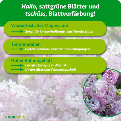 Wasserlösliches Magnesium sorgt für langanhaltende, leuchtende Blüten, Tonmineralien bieten optimale Wachstumsbedingungen. Hoher Kaliumgehalt fördert gleichmäßiges Wachstum und unterstützt den Wasserhaushalt.