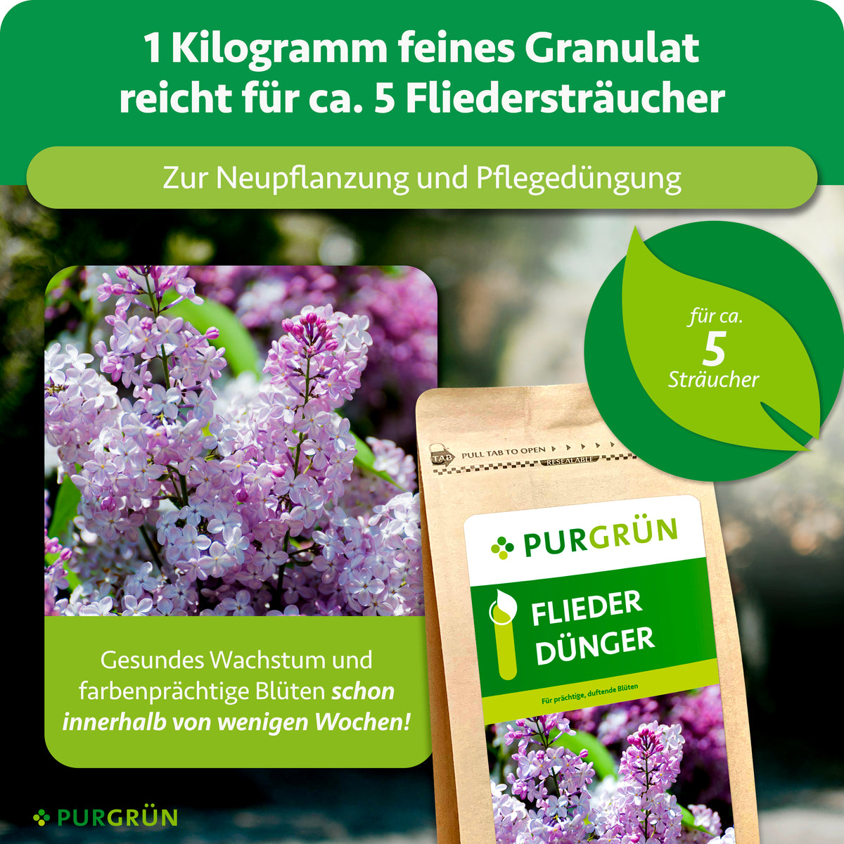 1 Kilogramm feines Granulat reicht zur Neu- und Pflegedüngung für ca. 5 Fliedersträucher. Gesundes Wachstum und farbenprächtige Blüten schon innerhalb von wenigen Wochen.