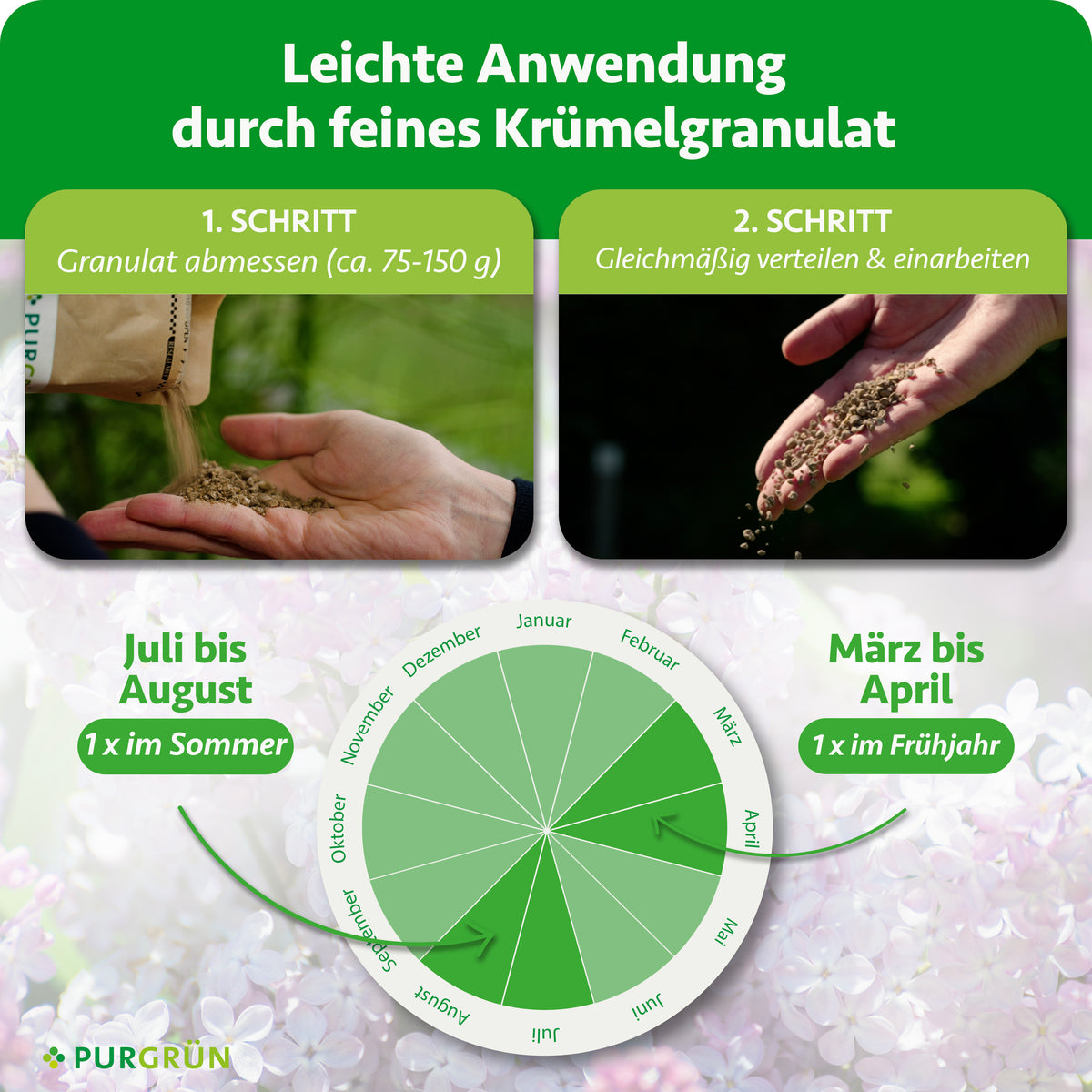 Anwendung: ca. 75–150 g Granulat abmessen, gleichmäßig verteilen und einarbeiten. Einmal im Frühjahr von März bis April und einmal im Sommer von Juli bis August düngen.