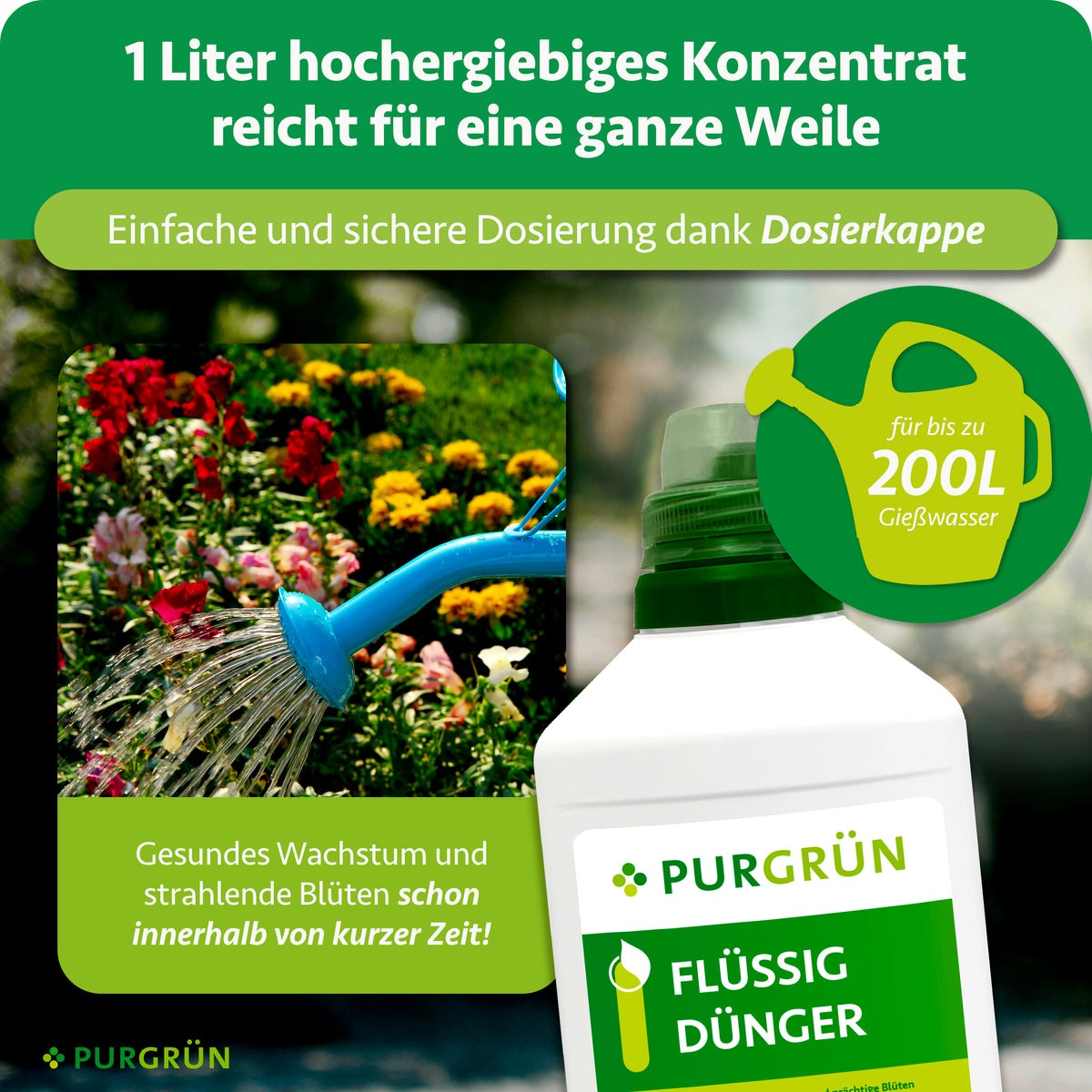 Ein Liter hochergiebiges Flüssigdünger-Konzentrat mit Dosierkappe reicht für bis zu 200 Liter Gießwasser.