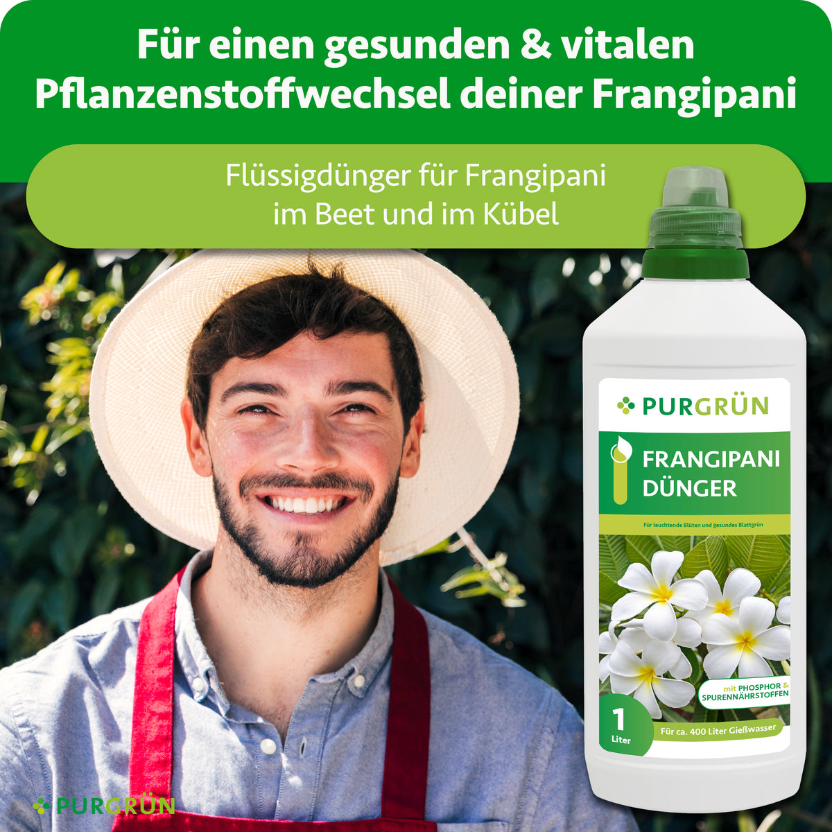 Lächelnder Gärtner neben einer 1-Liter-Flasche Purgrün Frangipani-Dünger; Flüssigdünger für Frangipani im Beet und im Kübel.