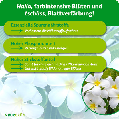 Essenzielle Spurennährstoffe verbessern die Nährstoffaufnahme; hoher Phosphoranteil versorgt Blüten mit Energie, hoher Stickstoffanteil unterstützt gleichmäßiges Wachstum und neue Blätter.