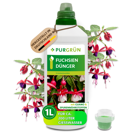 1-Liter-Flasche Purgrün Fuchsien-Dünger mit Dosierkappe und Fuchsienblüten; reicht für ca. 200 Liter Gießwasser.