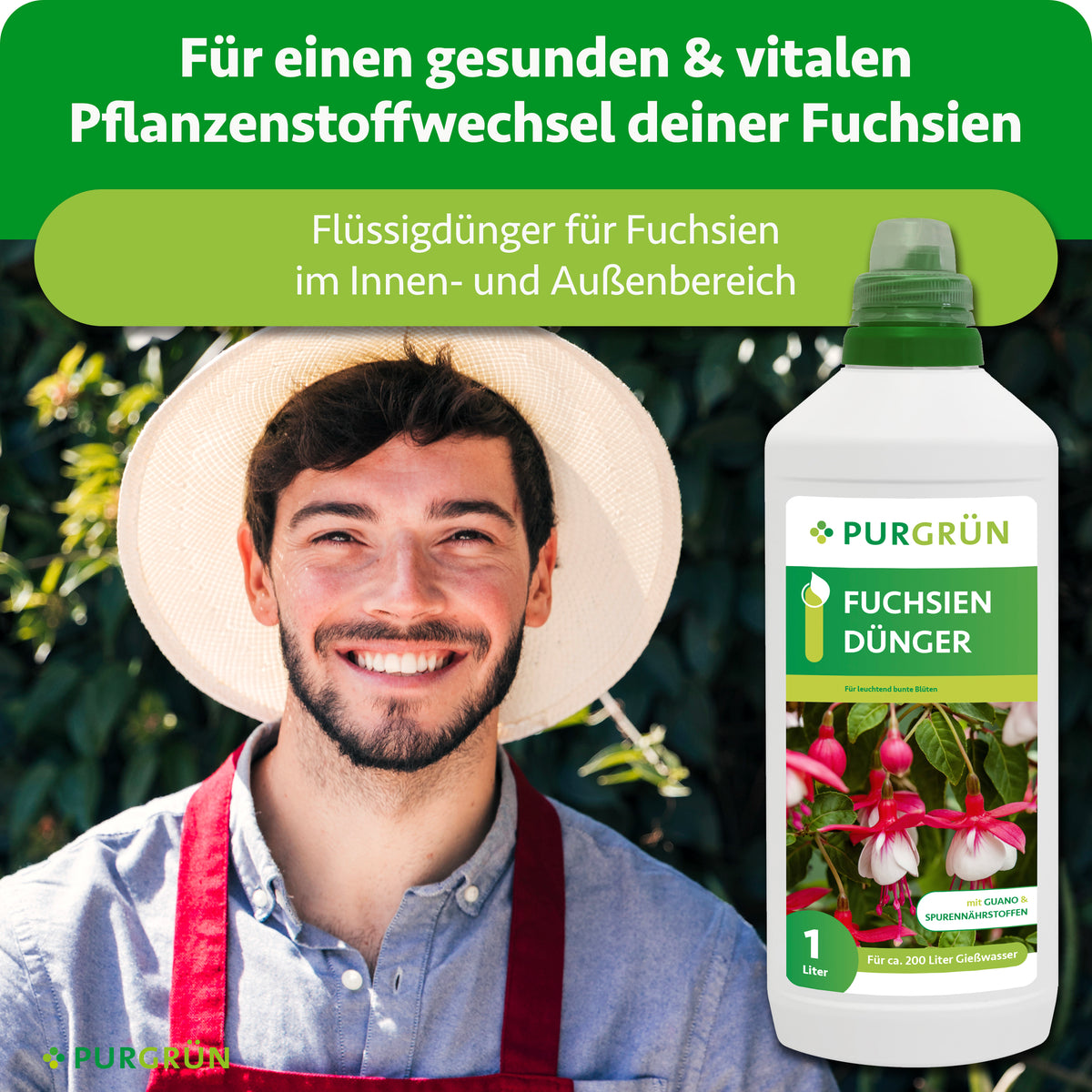Flüssigdünger für Fuchsien im Innen- und Außenbereich, dargestellt neben einem Gärtner und beworben für einen gesunden, vitalen Pflanzenstoffwechsel.
