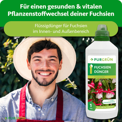 Flüssigdünger für Fuchsien im Innen- und Außenbereich, dargestellt neben einem Gärtner und beworben für einen gesunden, vitalen Pflanzenstoffwechsel.