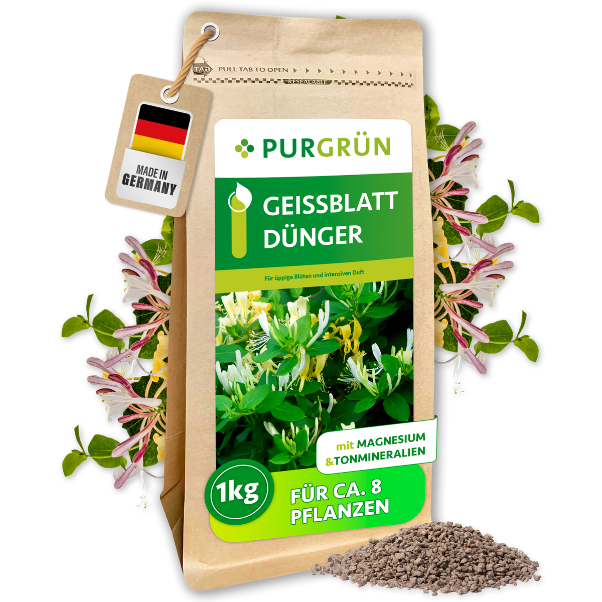 Purgrün Geißblatt-Dünger im wiederverschließbaren 1-kg-Beutel, für ca. 8 Pflanzen und mit Magnesium sowie Tonmineralien.