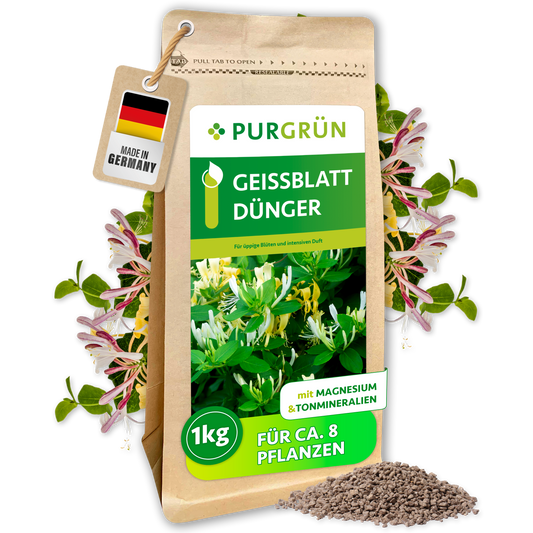 Purgrün Geißblatt-Dünger im wiederverschließbaren 1-kg-Beutel, für ca. 8 Pflanzen und mit Magnesium sowie Tonmineralien.