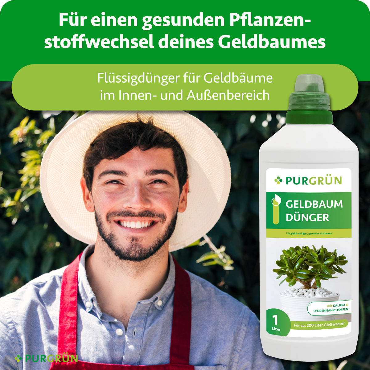Flüssigdünger für Geldbäume im Innen- und Außenbereich, dargestellt neben einem lächelnden Gärtner.