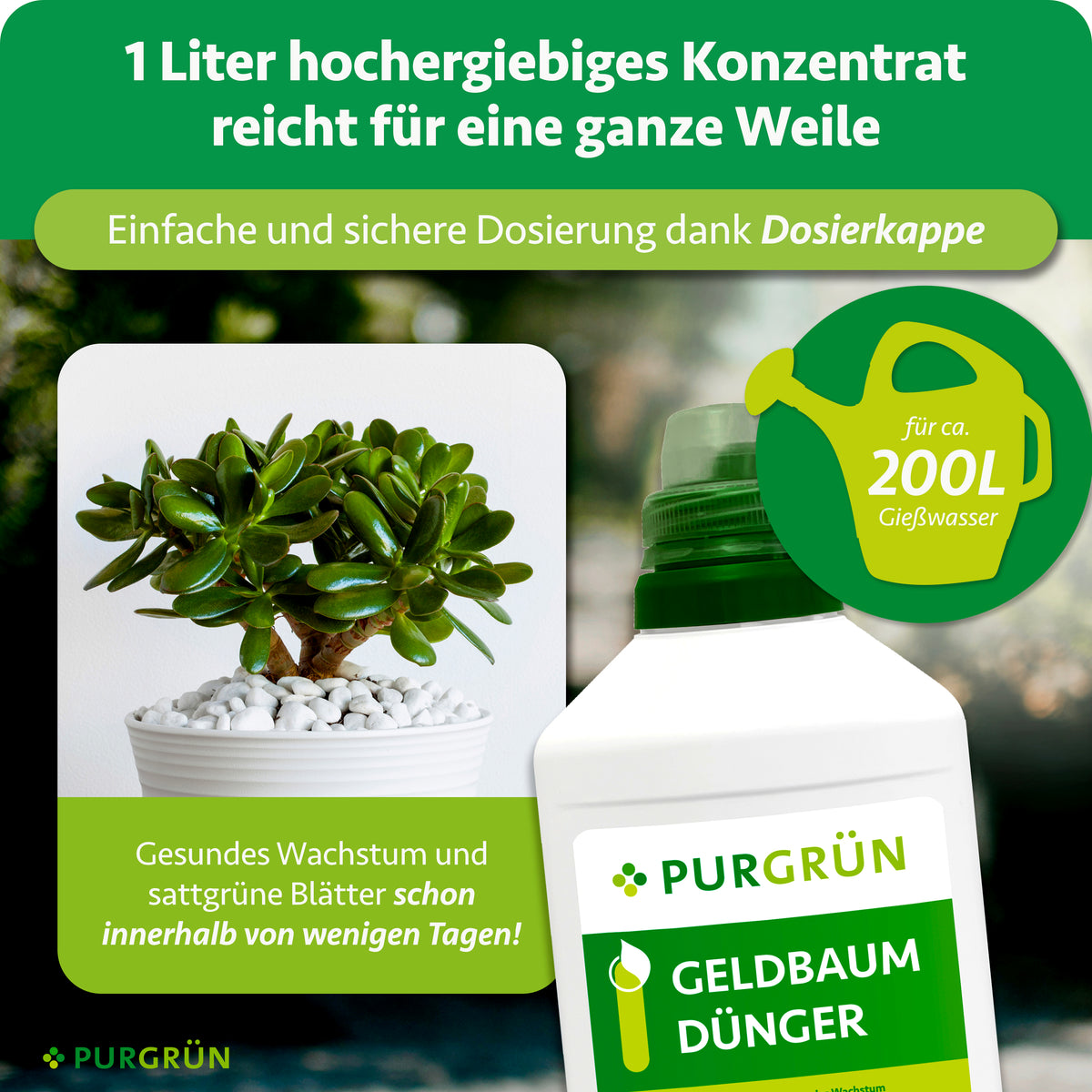 Ein Liter Konzentrat reicht für ca. 200 Liter Gießwasser; die Dosierkappe erleichtert die Dosierung.