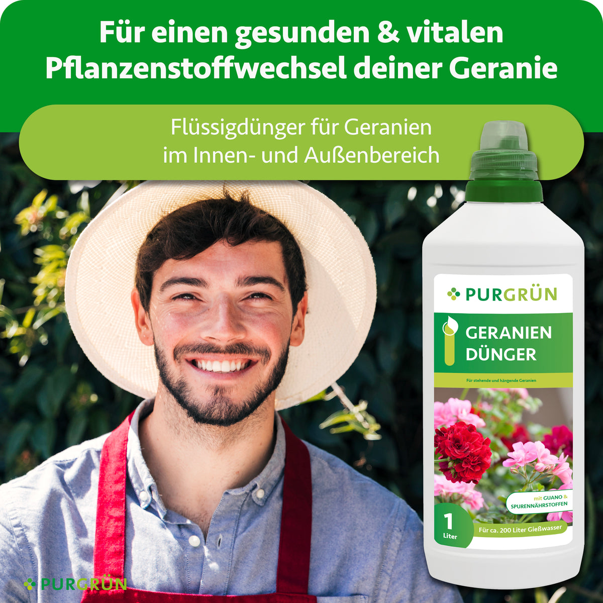 Lächelnder Gärtner neben Purgrün Geraniendünger, einem Flüssigdünger für Geranien im Innen- und Außenbereich.