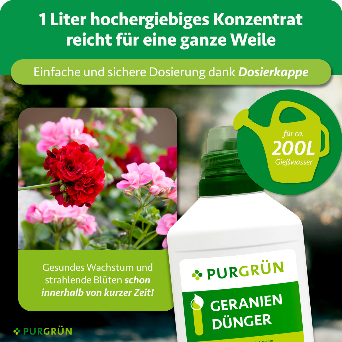 Das 1-Liter-Konzentrat reicht für ca. 200 Liter Gießwasser; die Dosierkappe ermöglicht eine einfache und sichere Dosierung.