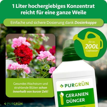 Das 1-Liter-Konzentrat reicht für ca. 200 Liter Gießwasser; die Dosierkappe ermöglicht eine einfache und sichere Dosierung.