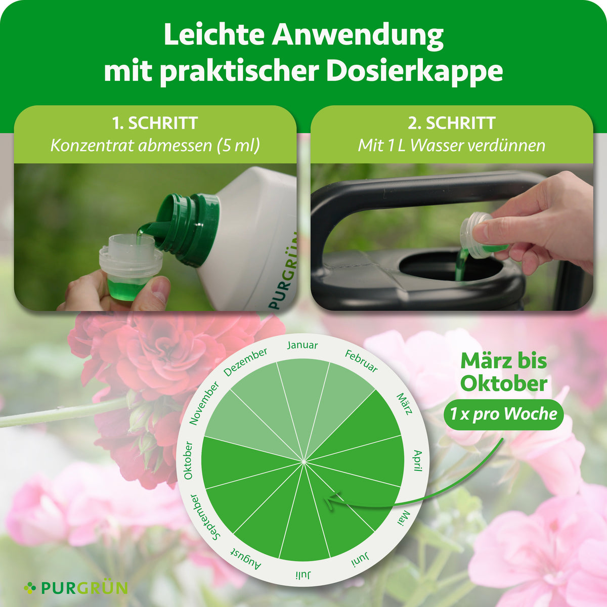 Anwendung: 5 ml Konzentrat abmessen und mit 1 L Wasser verdünnen; von März bis Oktober 1-mal pro Woche düngen.