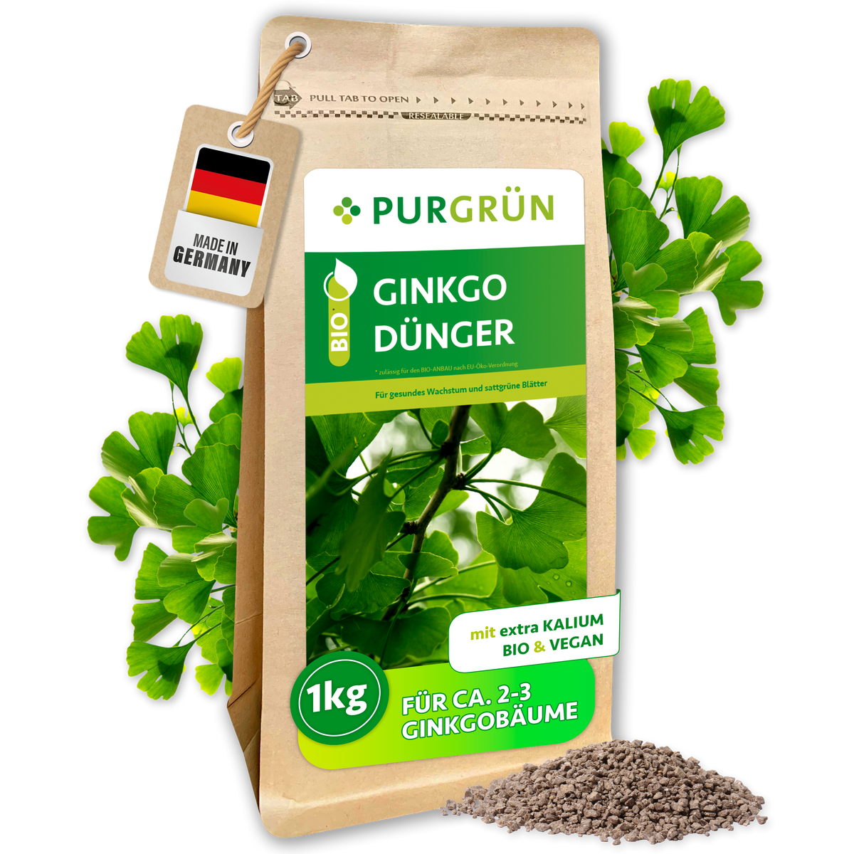 Purgrün Bio-Ginkgo-Dünger im 1-kg-Standbeutel mit Ginkgoblättern und Granulat, ausreichend für ca. 2–3 Ginkgobäume.