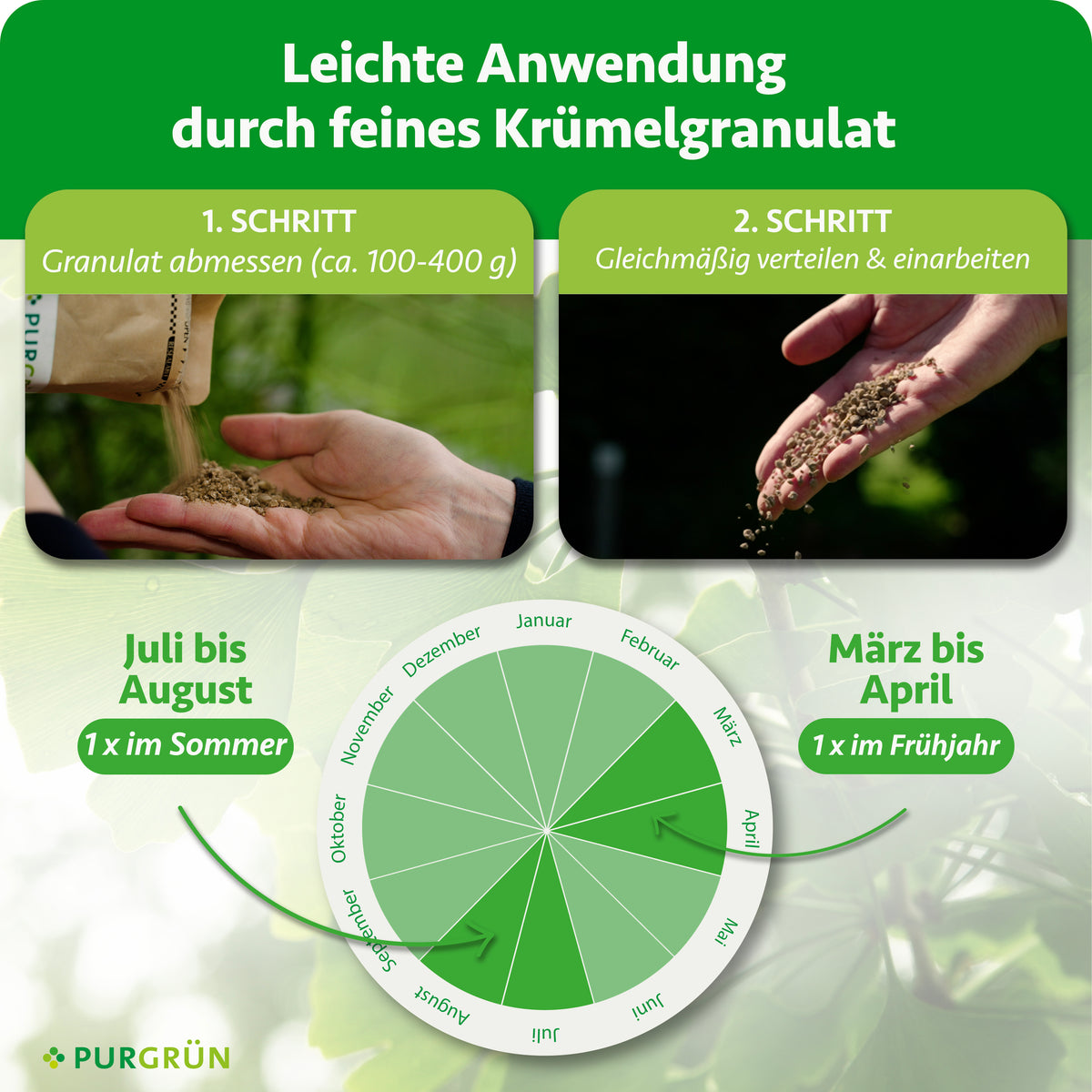Anwendung: 100–400 g Granulat abmessen, gleichmäßig verteilen und einarbeiten. Einmal im Frühjahr von März bis April und einmal im Sommer von Juli bis August düngen.