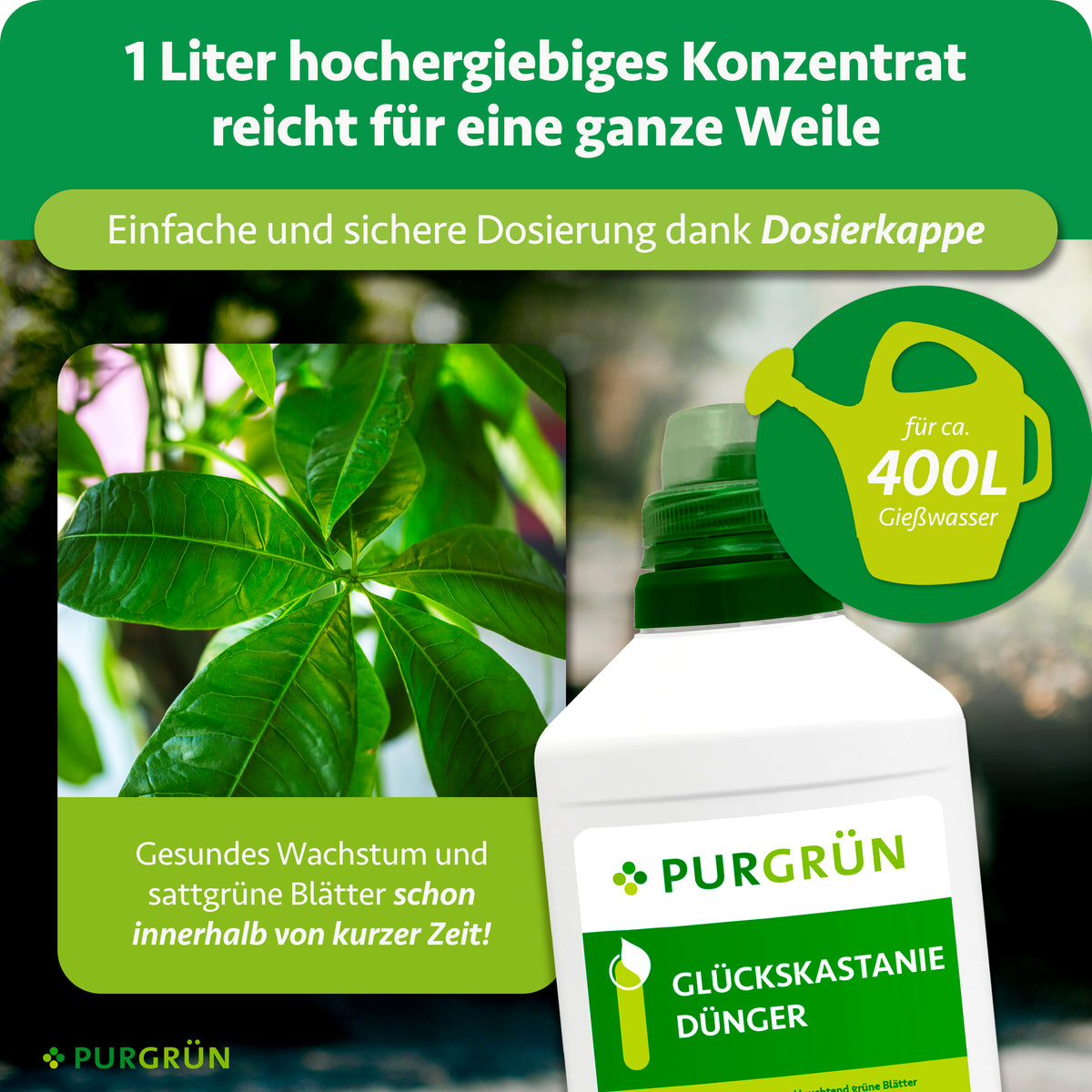 1 Liter hochergiebiges Konzentrat mit Dosierkappe reicht für etwa 400 Liter Gießwasser.