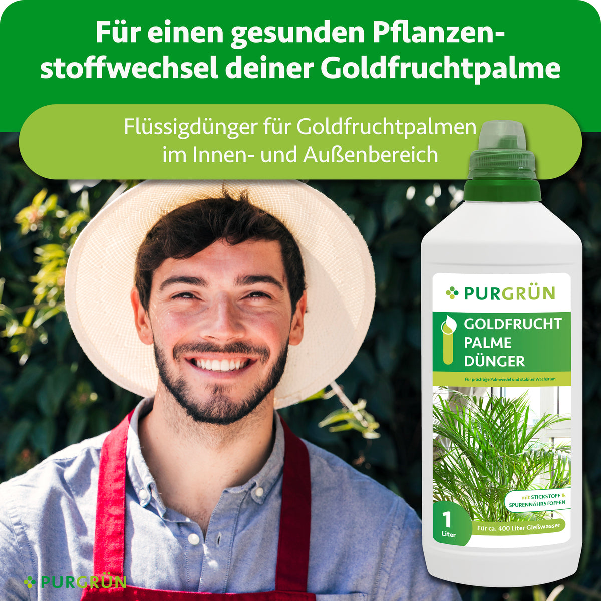 Flüssigdünger für Goldfruchtpalmen im Innen- und Außenbereich, beworben für einen gesunden Pflanzenstoffwechsel.