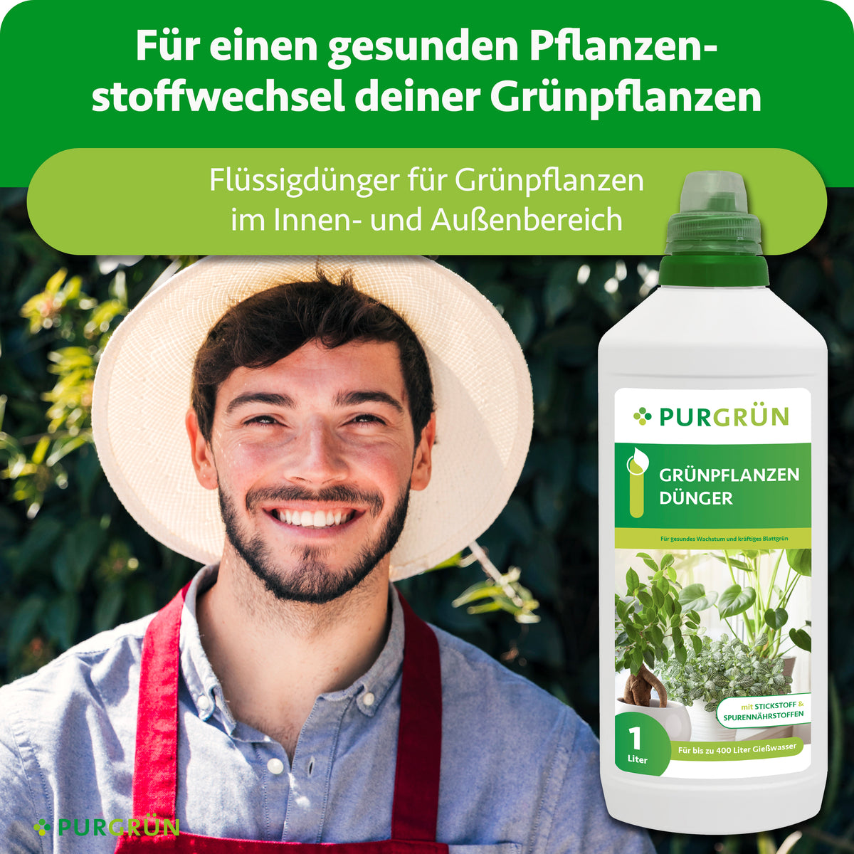 Flüssigdünger für Grünpflanzen im Innen- und Außenbereich, laut Grafik für einen gesunden Pflanzenstoffwechsel.