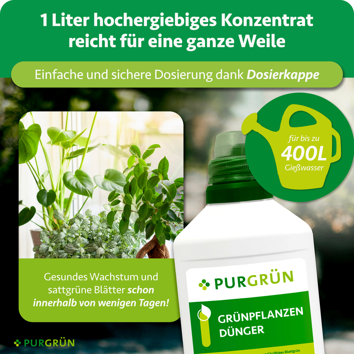 1 Liter Konzentrat reicht für bis zu 400 Liter Gießwasser und lässt sich mit der Dosierkappe einfach und sicher dosieren.