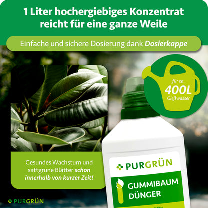 1 Liter hochergiebiges Konzentrat mit Dosierkappe reicht für ca. 400 Liter Gießwasser. Die Grafik wirbt mit gesundem Wachstum und sattgrünen Blättern innerhalb kurzer Zeit.