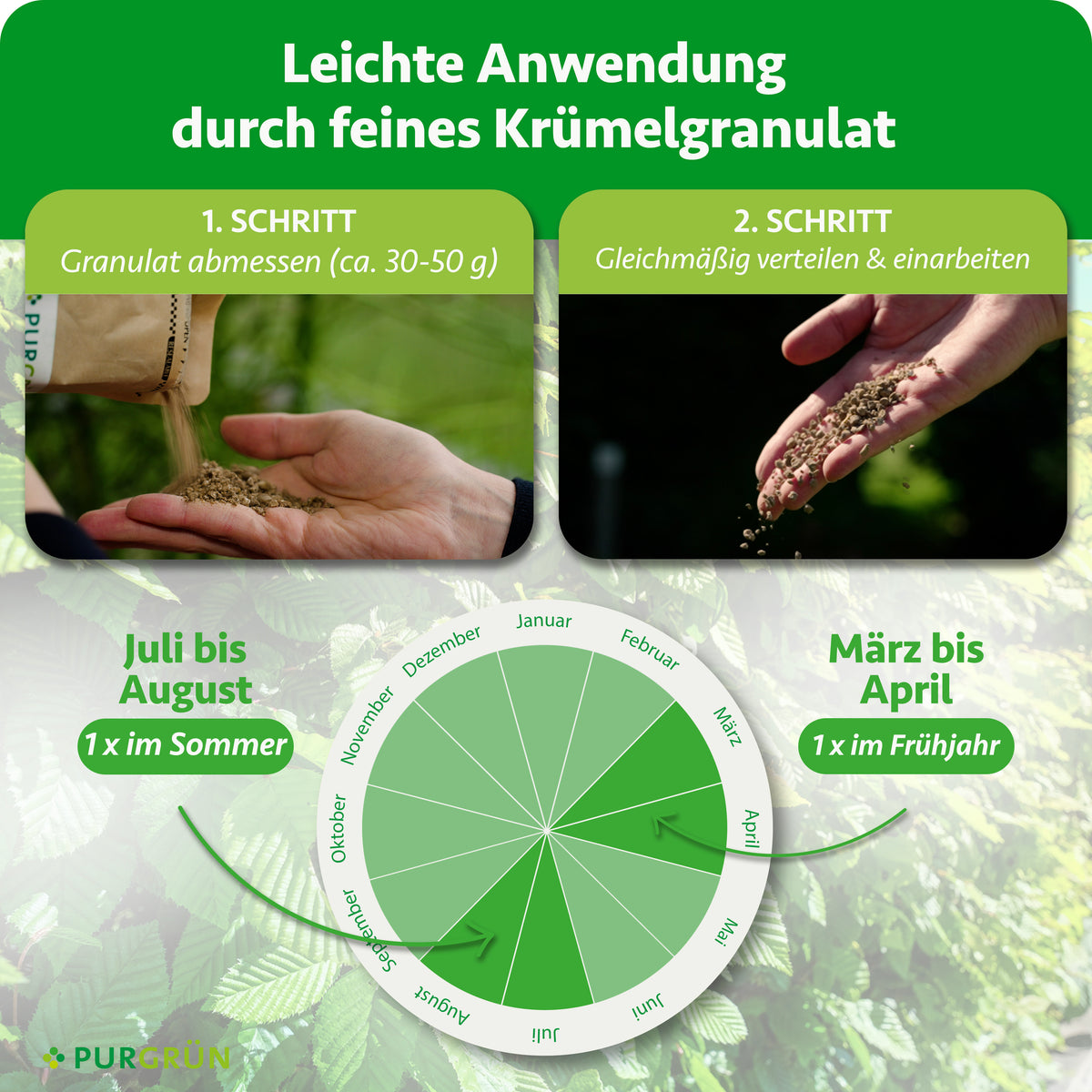 Anwendung: ca. 30–50 g Granulat abmessen, gleichmäßig verteilen und einarbeiten; einmal von März bis April und einmal von Juli bis August düngen.