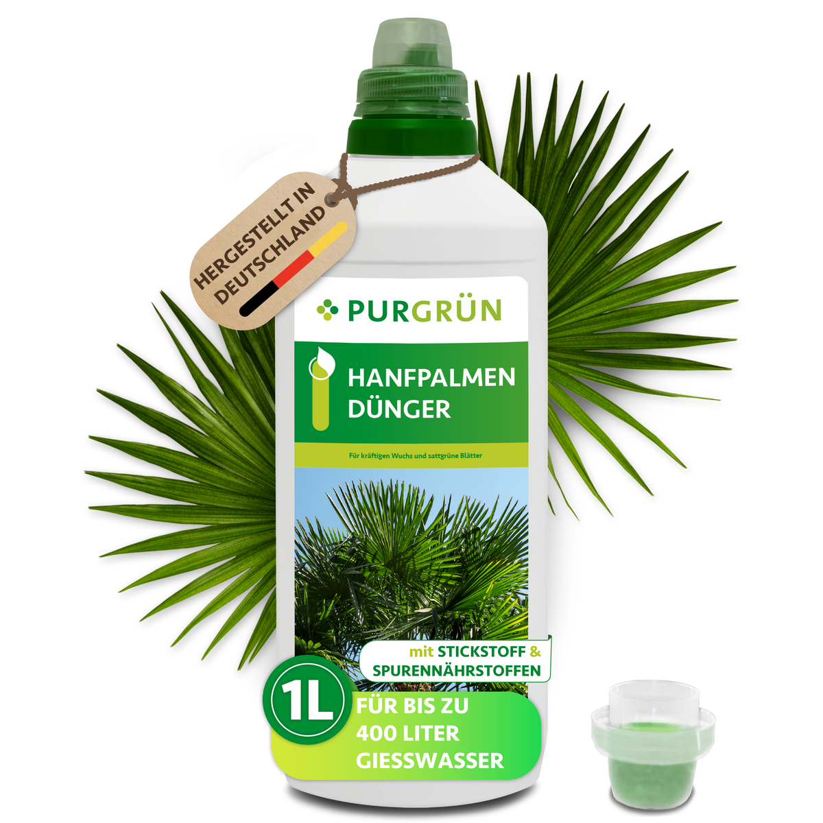 Purgrün Hanfpalmen-Dünger, 1 Liter, mit Dosierkappe für bis zu 400 Liter Gießwasser.