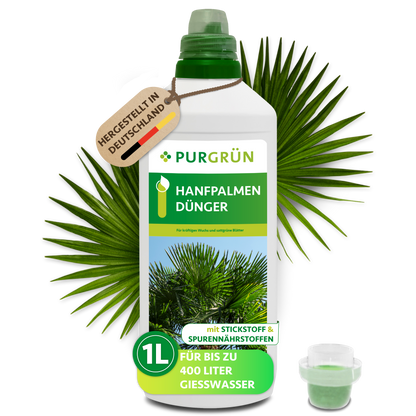 Purgrün Hanfpalmen-Dünger, 1 Liter, mit Dosierkappe für bis zu 400 Liter Gießwasser.