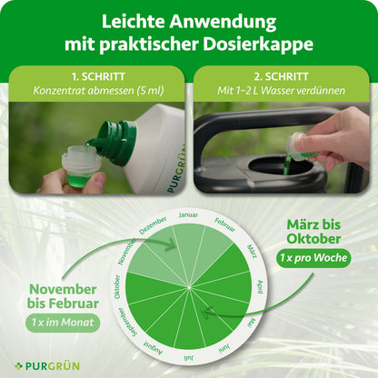 5 ml Konzentrat mit 1–2 L Wasser verdünnen; von März bis Oktober 1× pro Woche, von November bis Februar 1× im Monat anwenden.