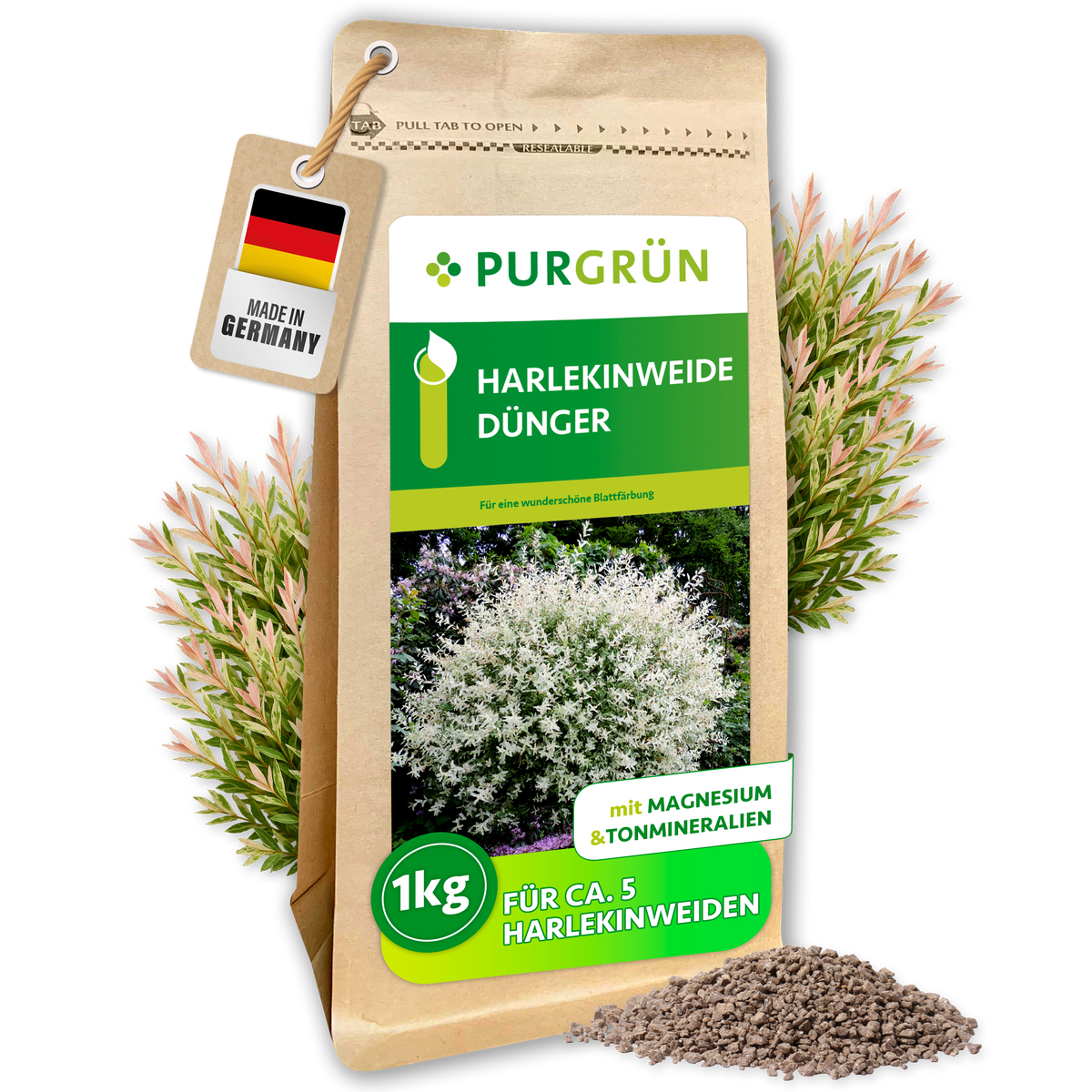 Purgrün Harlekinweide-Dünger im wiederverschließbaren 1-kg-Beutel für ca. 5 Harlekinweiden, mit Zweigen und feinem Granulat.