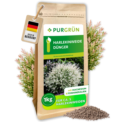 Purgrün Harlekinweide-Dünger im wiederverschließbaren 1-kg-Beutel für ca. 5 Harlekinweiden, mit Zweigen und feinem Granulat.