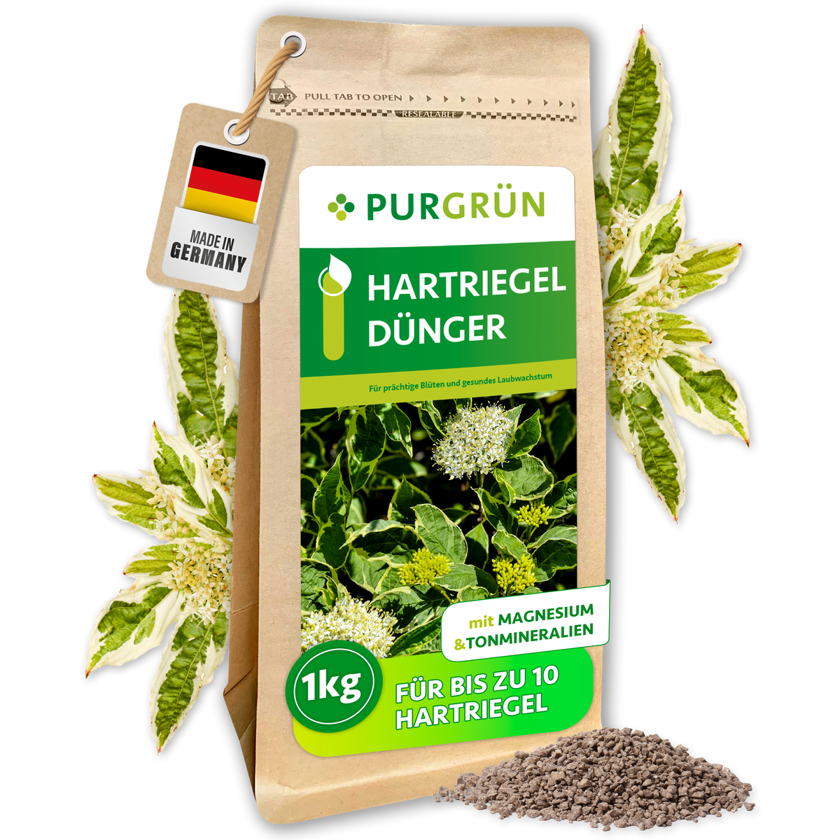 Purgrün Hartriegel-Dünger, 1 kg, im wiederverschließbaren Kraftpapierbeutel mit Hartriegelblüten und sichtbarem Krümelgranulat.