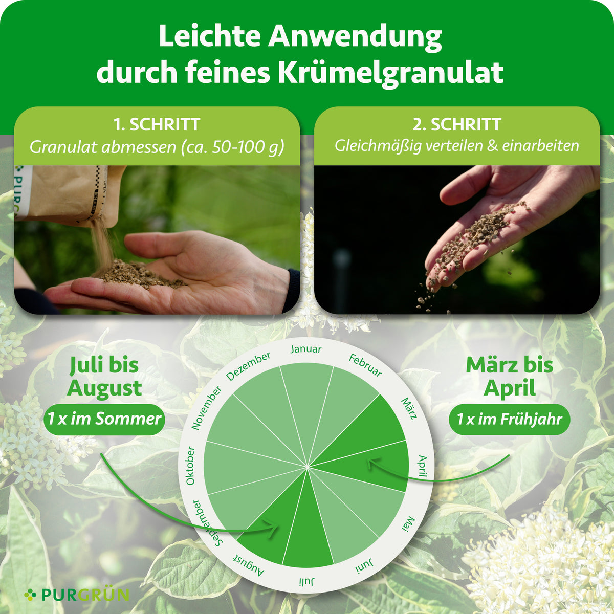 Anwendung: etwa 50–100 g Granulat abmessen, gleichmäßig verteilen und einarbeiten. Einmal von März bis April und einmal von Juli bis August düngen.