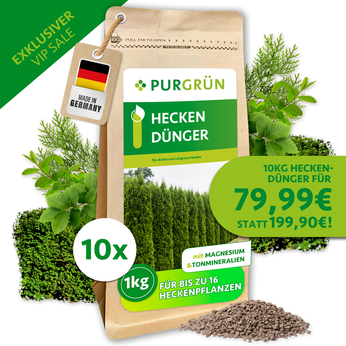 Purgrün Heckendünger, 10 kg als 10 × 1 kg, mit Magnesium und Tonmineralien. VIP-Angebot: 79,99 € statt 199,90 €.