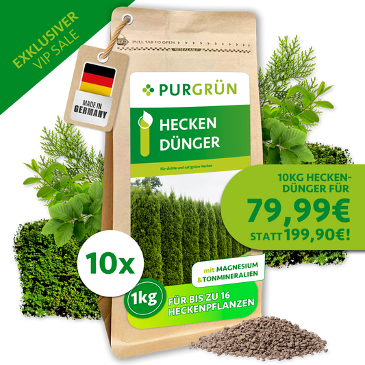 Purgrün Heckendünger, 10 kg als 10 × 1 kg, mit Magnesium und Tonmineralien. VIP-Angebot: 79,99 € statt 199,90 €.