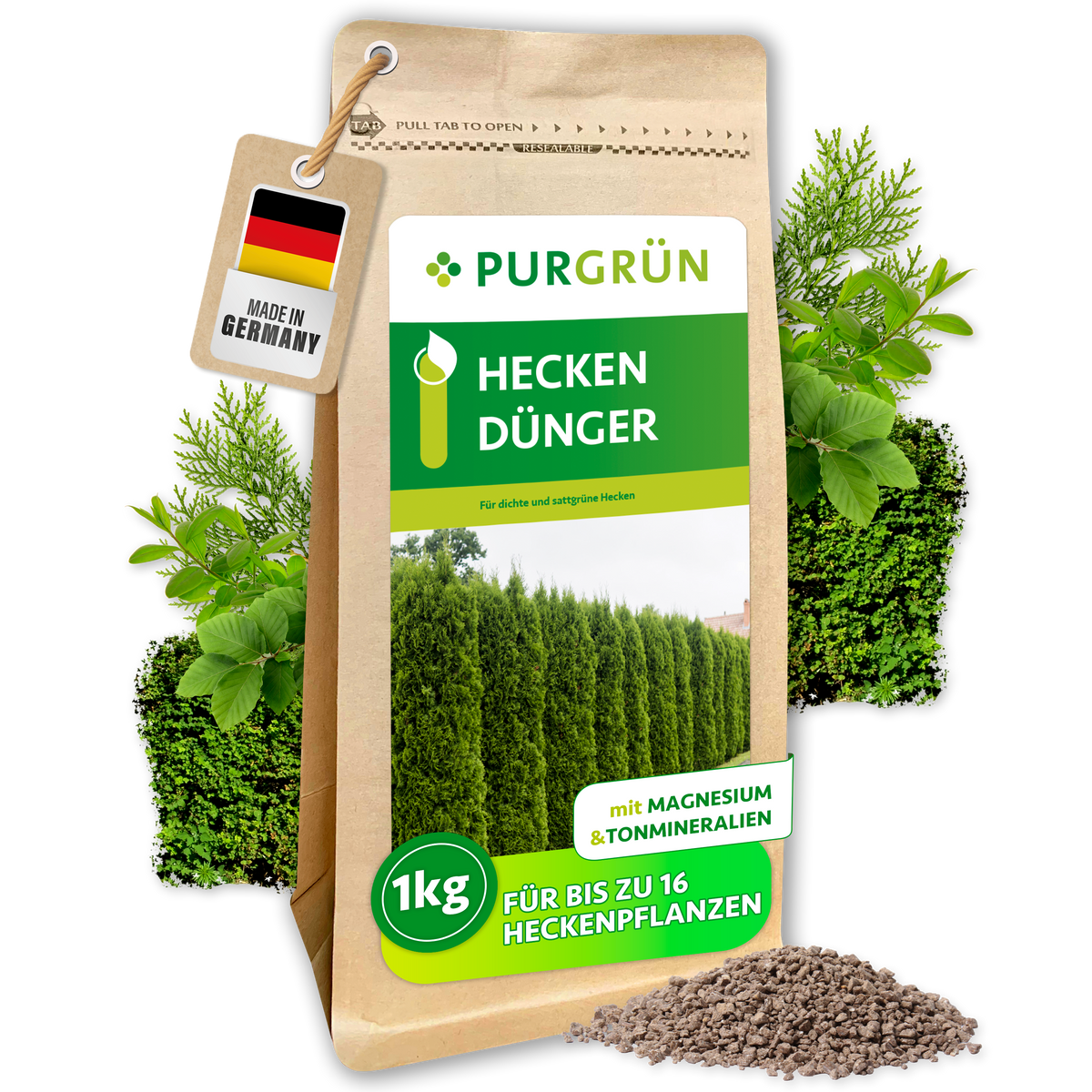 Purgrün Heckendünger im 1-kg-Beutel mit Magnesium und Tonmineralien, ausreichend für bis zu 16 Heckenpflanzen.