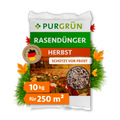 Purgrün Herbstrasendünger im 10-kg-Sack für 250 m², mit Hinweis „Schützt vor Frost“ und herbstlichem Rasenmotiv.