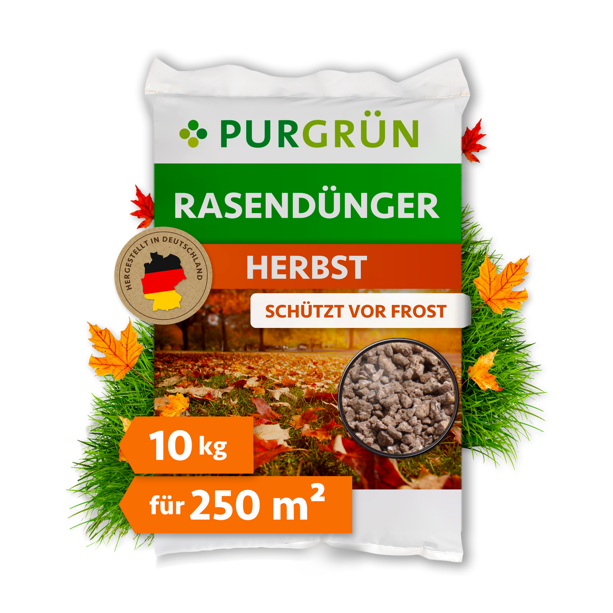 Purgrün Herbstrasendünger im 10-kg-Sack für 250 m², mit Hinweis „Schützt vor Frost“ und herbstlichem Rasenmotiv.