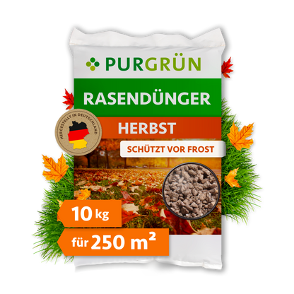 Purgrün Herbstrasendünger im 10-kg-Sack für 250 m², mit Hinweis „Schützt vor Frost“ und herbstlichem Rasenmotiv.