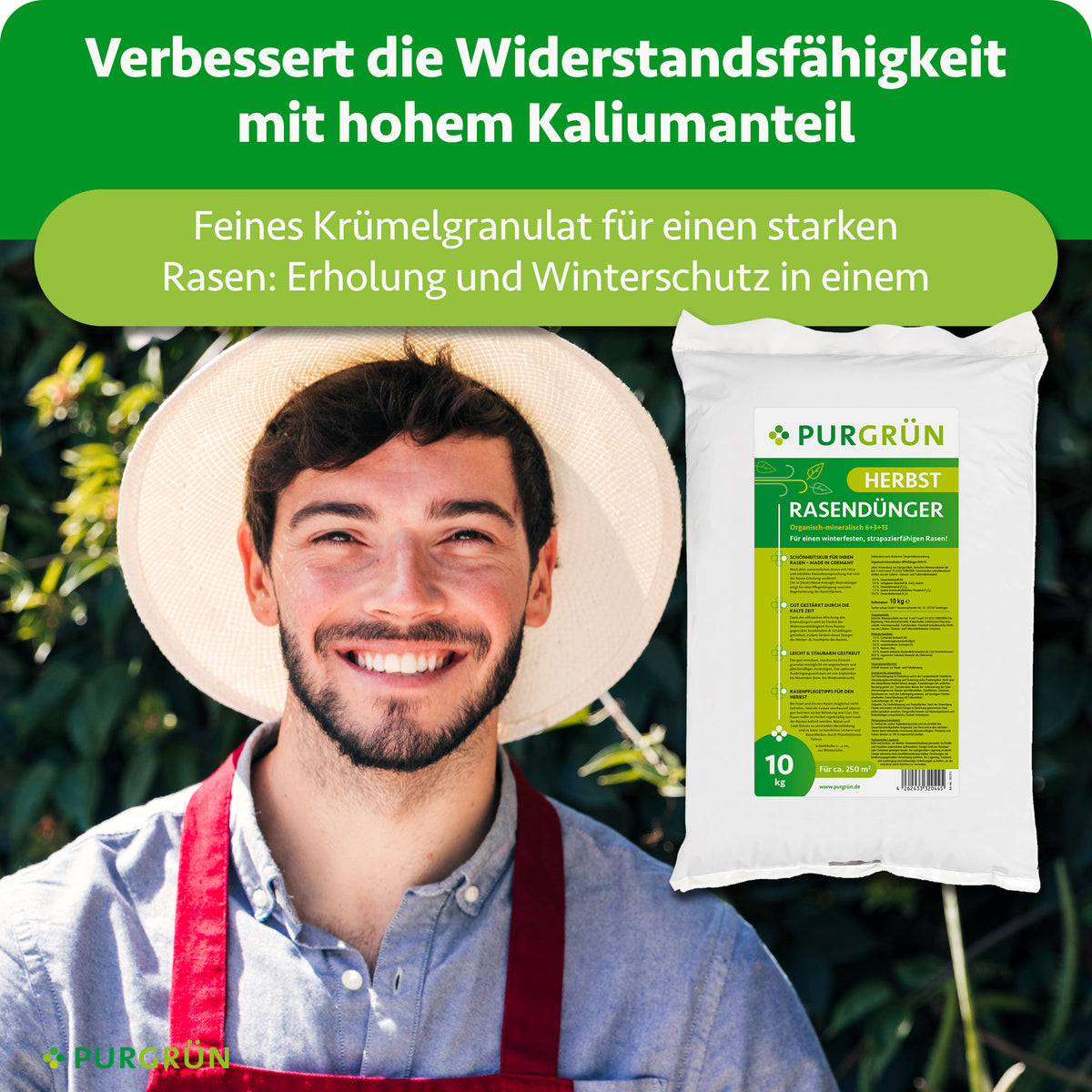 Herbstrasendünger mit hohem Kaliumanteil als feines Krümelgranulat für Widerstandsfähigkeit, Erholung und Winterschutz des Rasens.