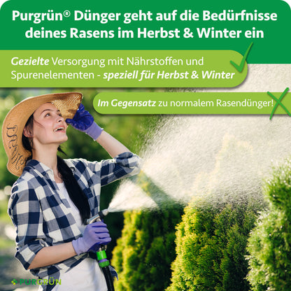 Purgrün Herbstrasendünger versorgt den Rasen gezielt mit Nährstoffen und Spurenelementen speziell für Herbst und Winter.