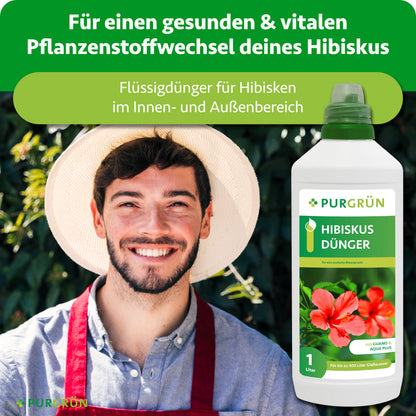Flüssigdünger für Hibisken im Innen- und Außenbereich zur Unterstützung eines gesunden, vitalen Pflanzenstoffwechsels; daneben ein lächelnder Gärtner.