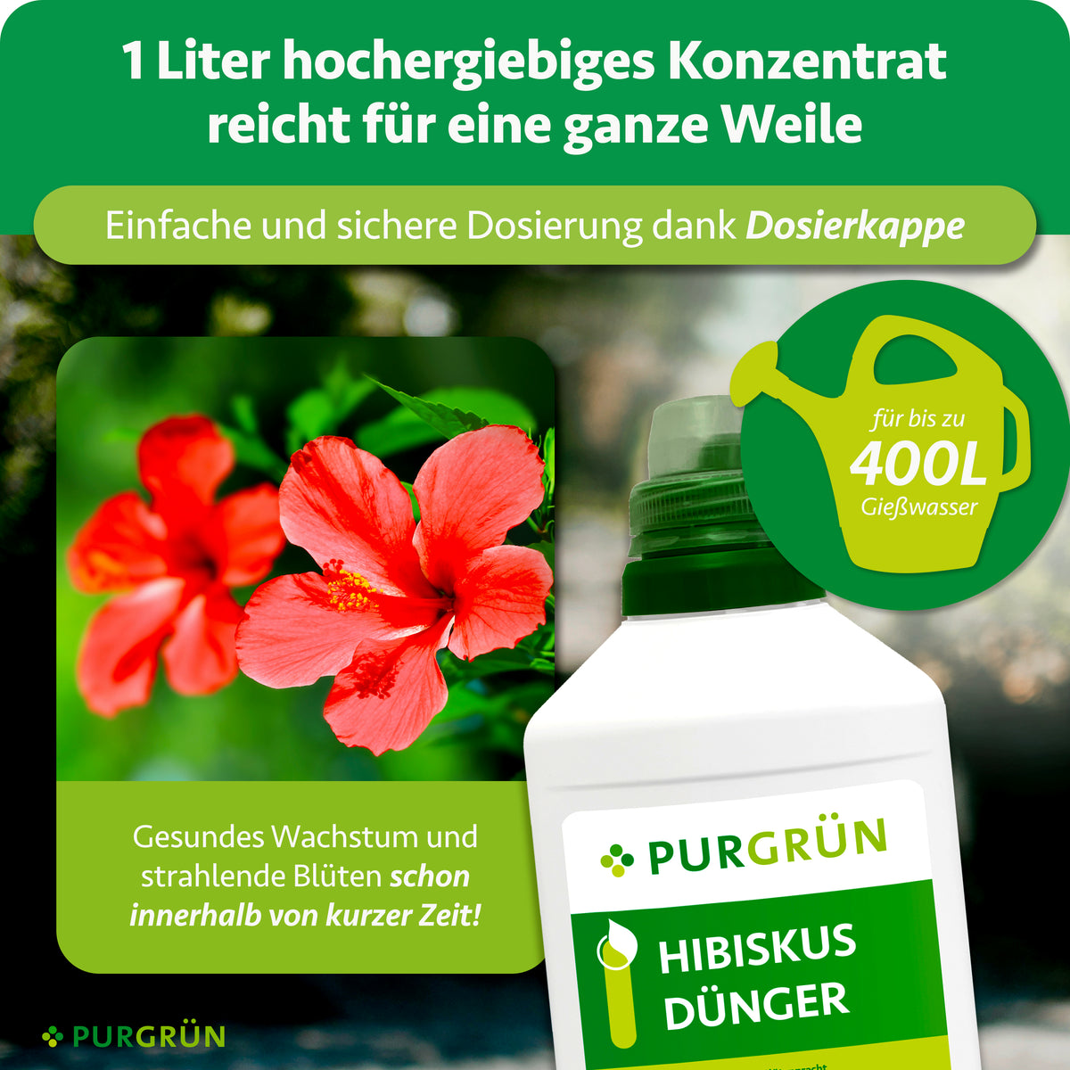 1 Liter Konzentrat reicht für bis zu 400 Liter Gießwasser und lässt sich mit der Dosierkappe einfach dosieren.