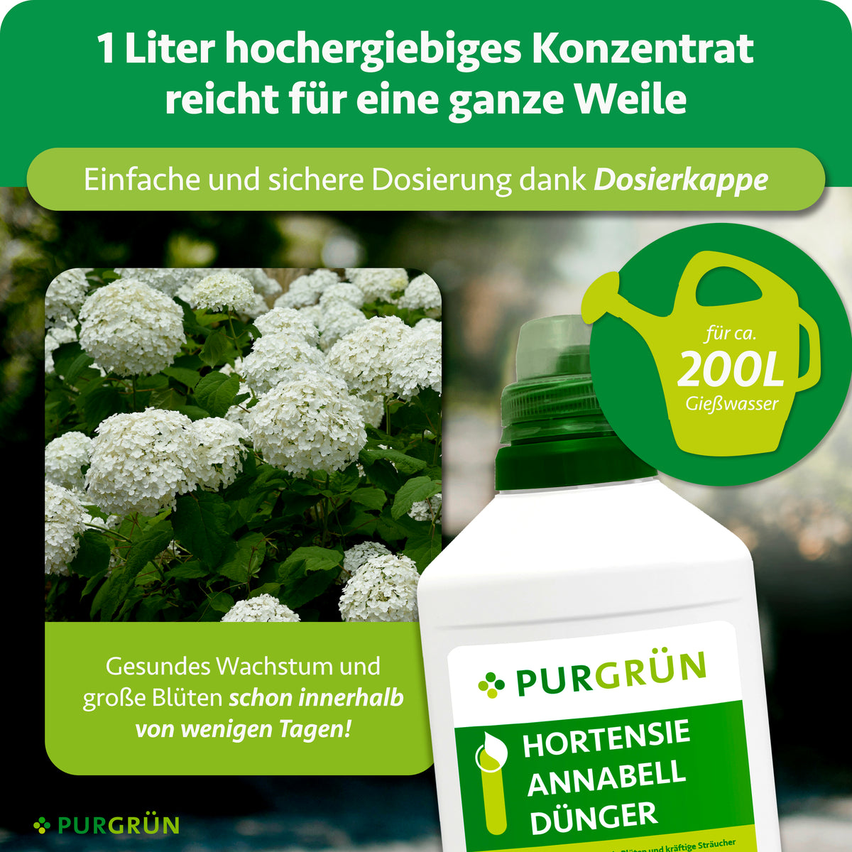 1 Liter Konzentrat reicht für ca. 200 Liter Gießwasser; die Dosierkappe ermöglicht eine einfache und sichere Dosierung.
