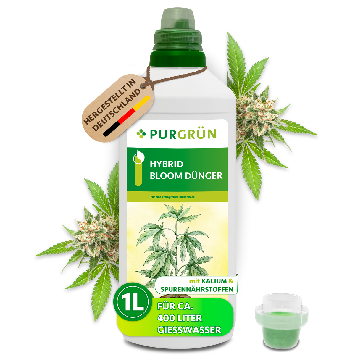 1-Liter-Flasche Purgrün Hybrid-Bloom-Dünger mit Dosierkappe, Cannabisblüten und Anhänger „Hergestellt in Deutschland“.